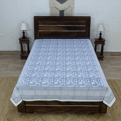 Cotton Bedsheet – Hand Block Floral Print – Blue and White – King, Queen, Twin Sizes - My Store