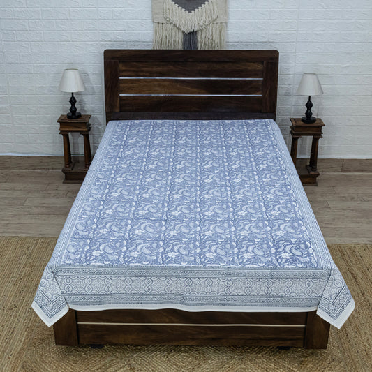 Cotton Bedsheet – Hand Block Floral Print – Blue and White – King, Queen, Twin Sizes - My Store