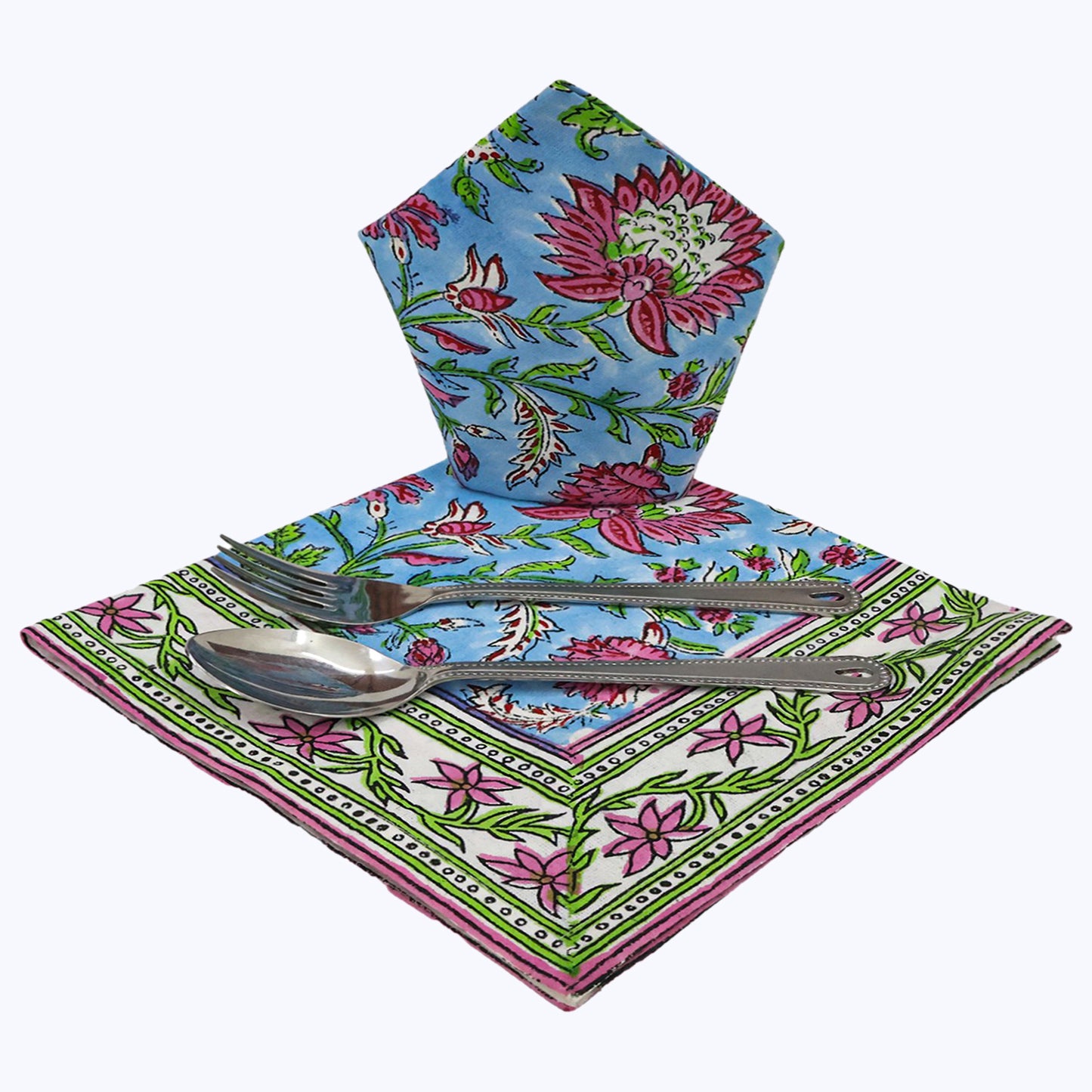 Blue and Pink Hand Block Printed Cotton Napkins Set Of 4 - My Store