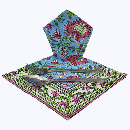 Blue and Pink Hand Block Printed Cotton Napkins Set Of 4 - My Store