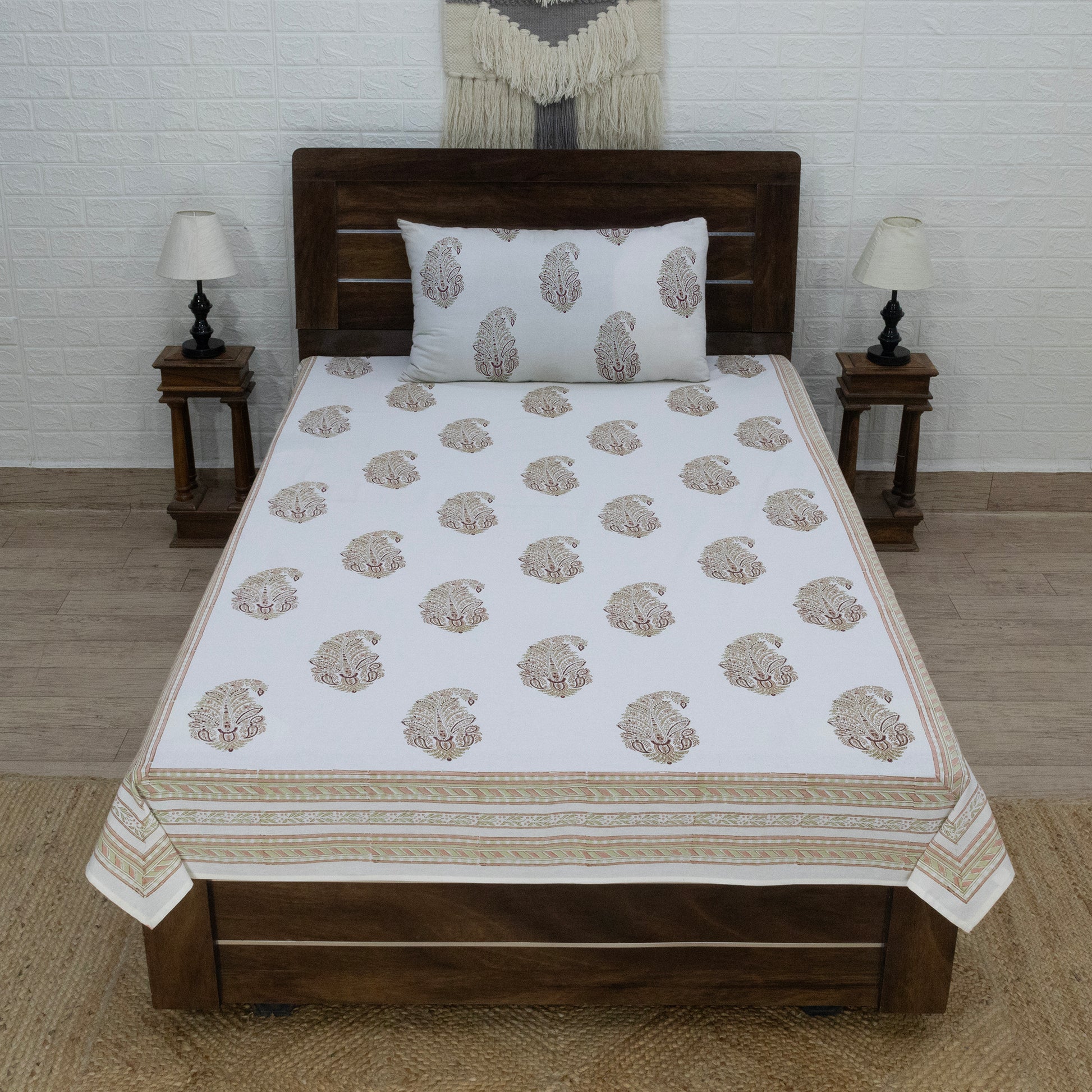 Cotton Bedsheet – Hand Block Floral Print – White & Green – King, Queen, Twin Sizes - My Store