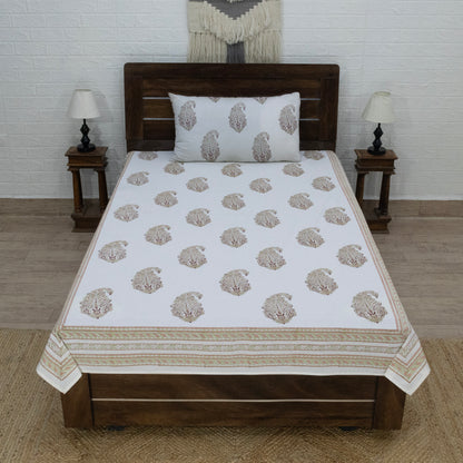 Cotton Bedsheet – Hand Block Floral Print – White & Green – King, Queen, Twin Sizes - My Store