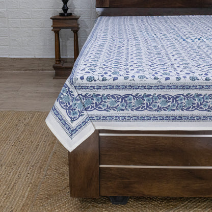 Cotton Bedsheet – Hand Block Floral Print – Blue & White – King, Queen, Twin Sizes - My Store