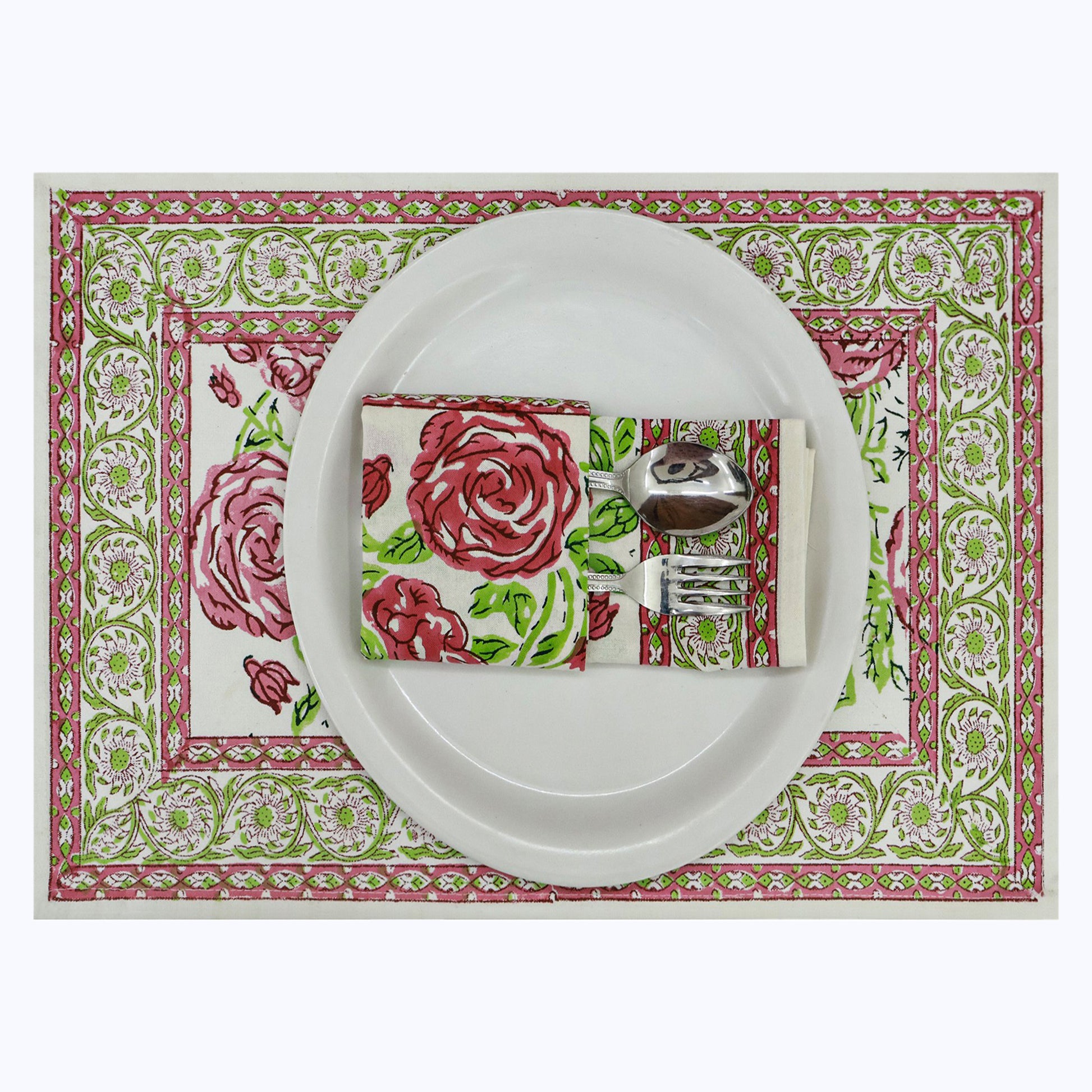 Pink and Green Hand Block Printed 4 Pieces Cotton Napkins - My Store