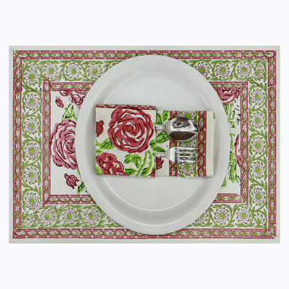 Pink and Green Hand Block Printed 4 Pieces Cotton Napkins - My Store