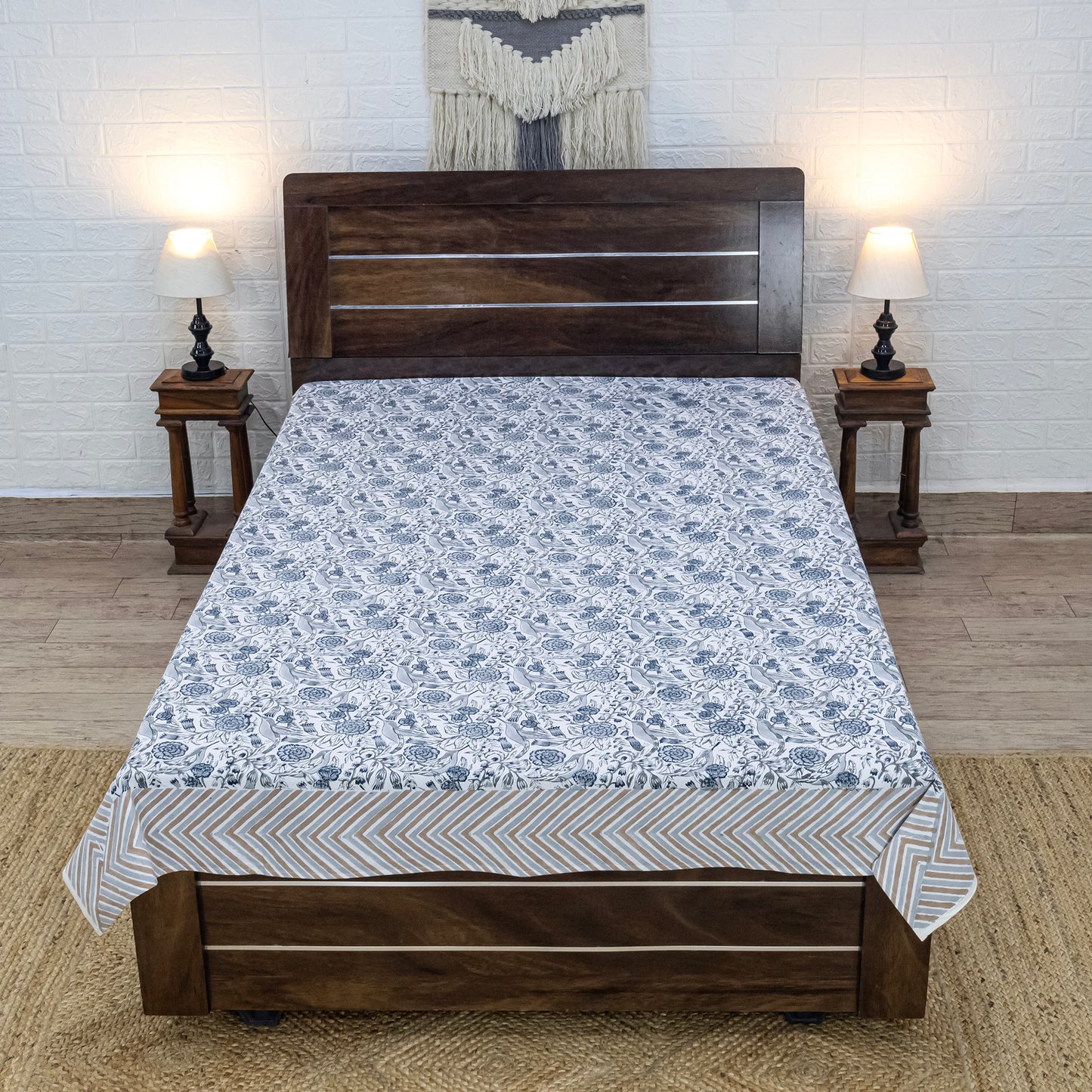 Indian Handmade Block Printed White and Gray Floral Pattern Cotton Bed sheet For living Room, Kids Room - My Store