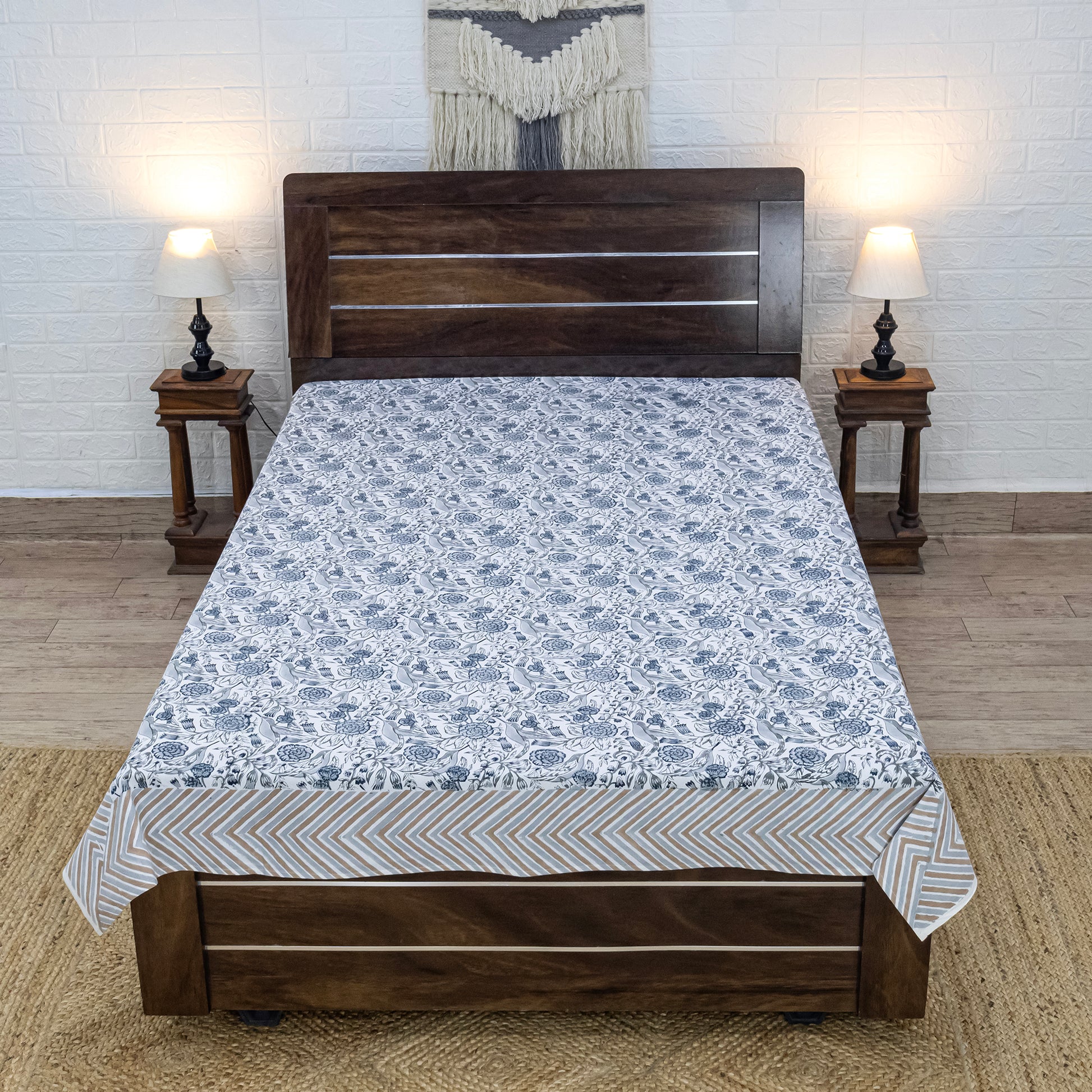 Indian Handmade Block Printed White and Gray Floral Pattern Cotton Bed sheet For living Room, Kids Room - My Store