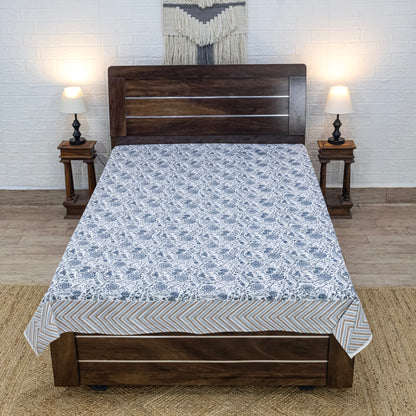 Indian Handmade Block Printed White and Gray Floral Pattern Cotton Bed sheet For living Room, Kids Room - My Store