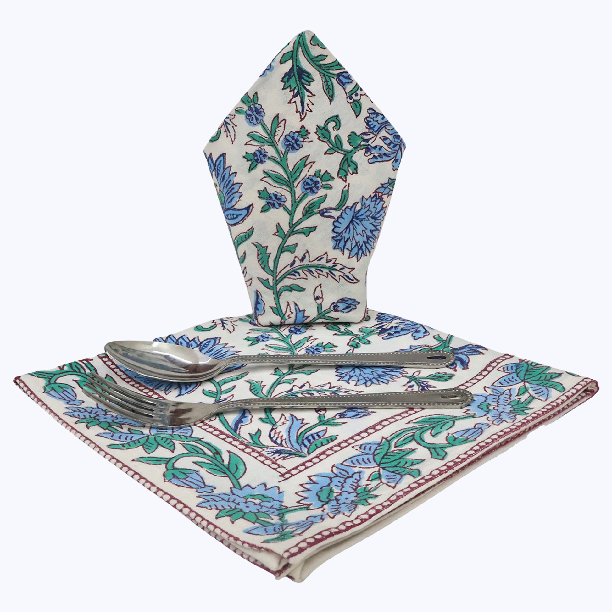 Blue and Green Handmade Block Printed Cotton Napkins Set Of 4 - My Store