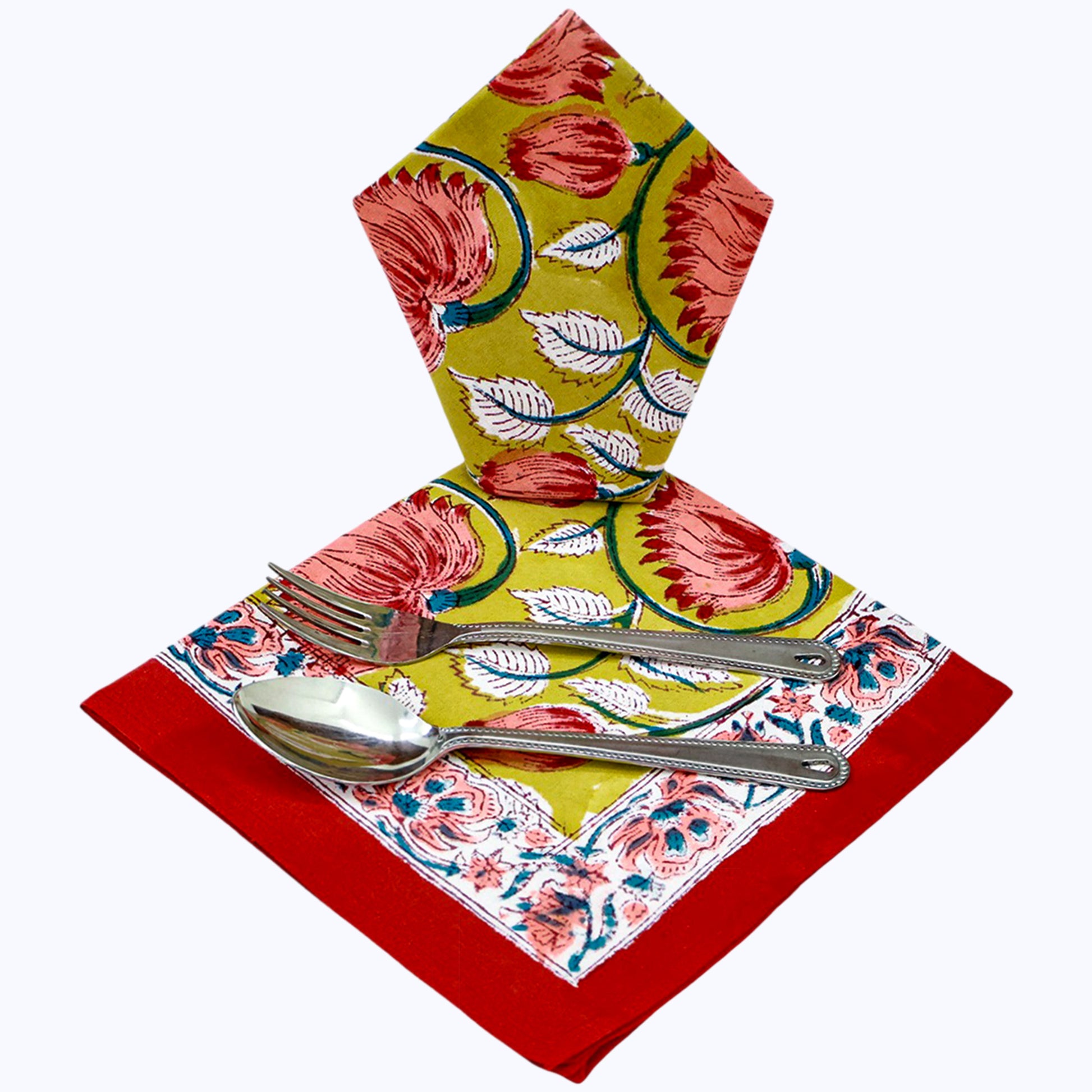 Red and Yellow Hand Block Printed Cotton Napkins 4 Pieces - My Store