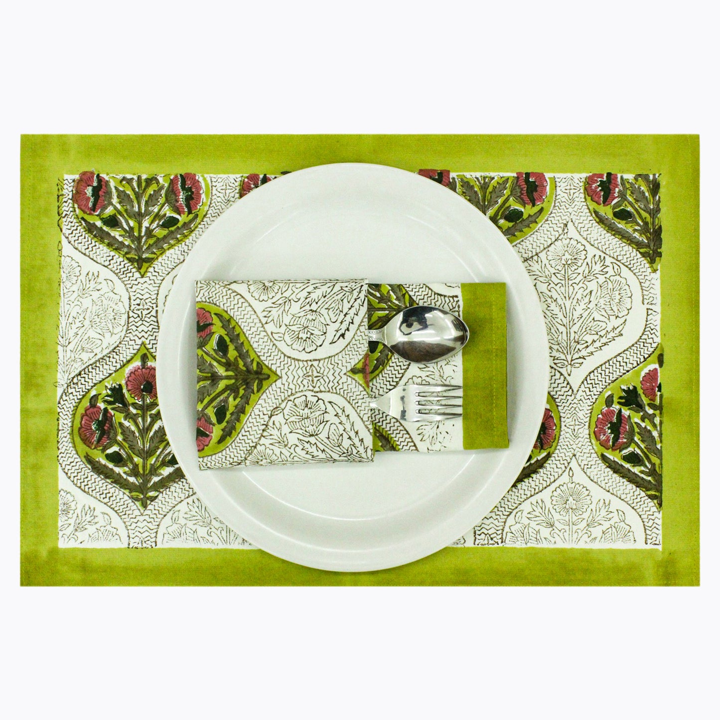 Yellow and Pink Set Of 4 Cotton Block Printed Napkins - My Store