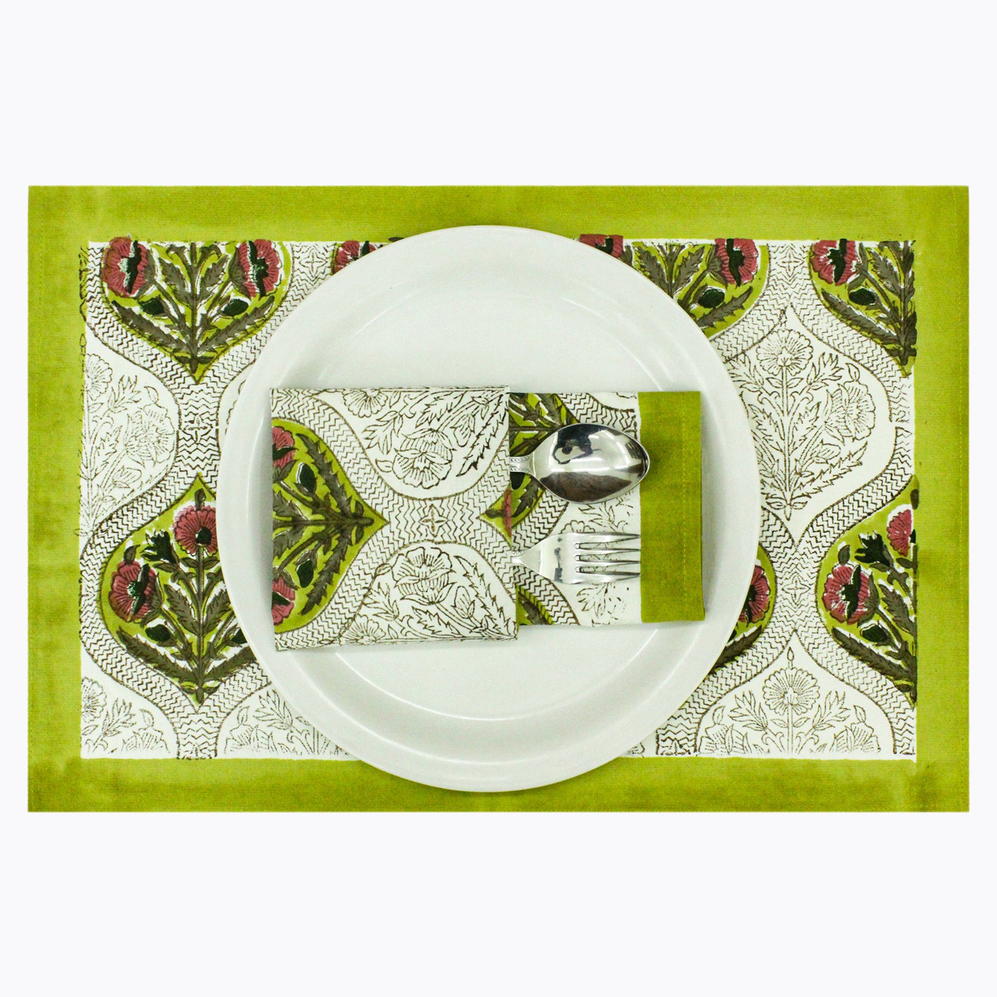 Yellow and Pink Set Of 4 Cotton Block Printed Napkins - My Store