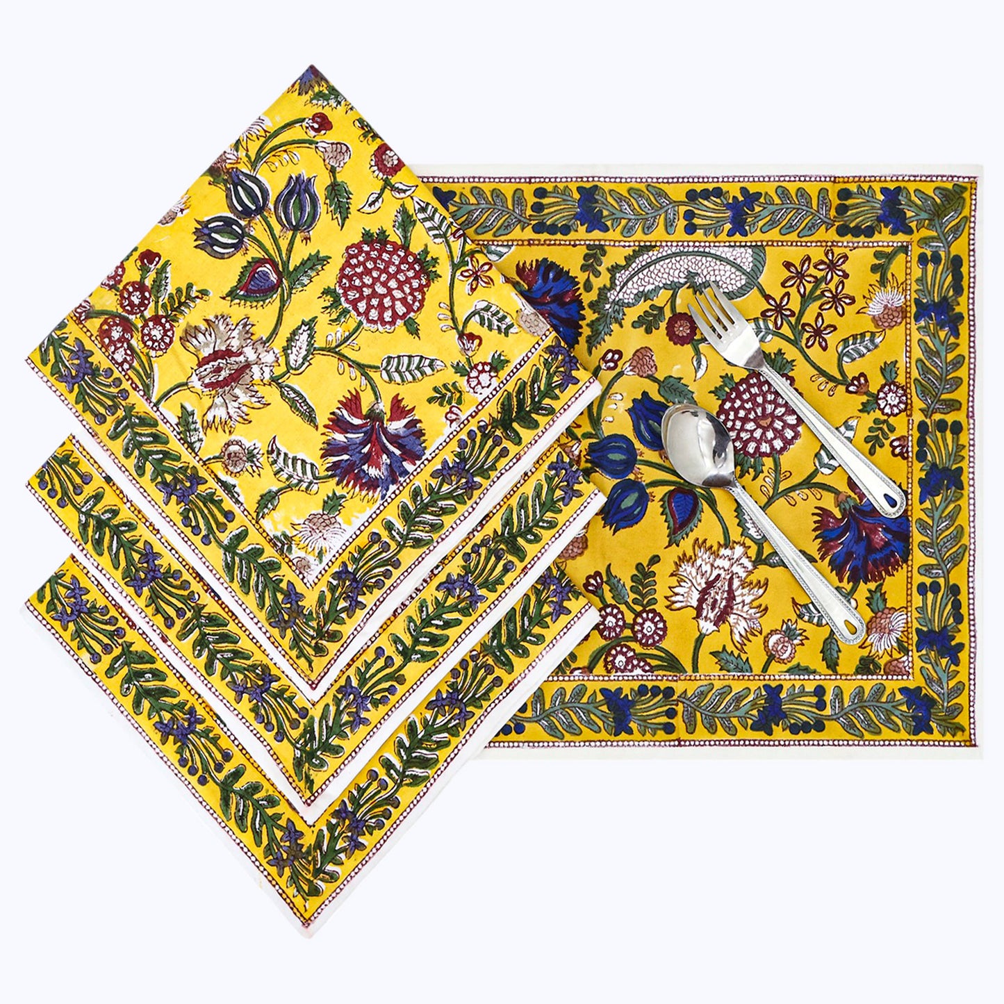 Yellow With Green Hand Block Printed Cotton Napkins Set Of 4 - My Store