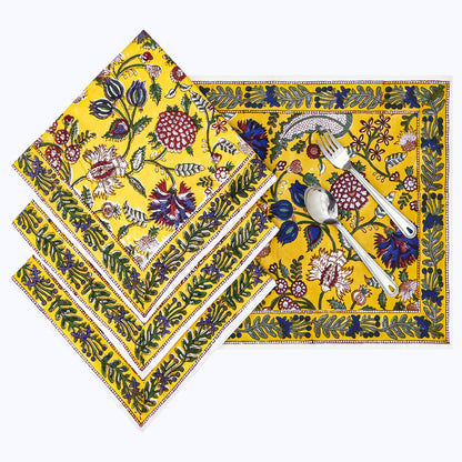 Yellow With Green Hand Block Printed Cotton Napkins Set Of 4 - My Store