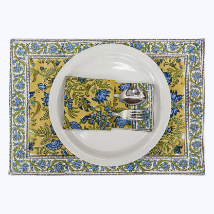 Yellow and Blue Hand Block Printed Cotton Napkins - My Store