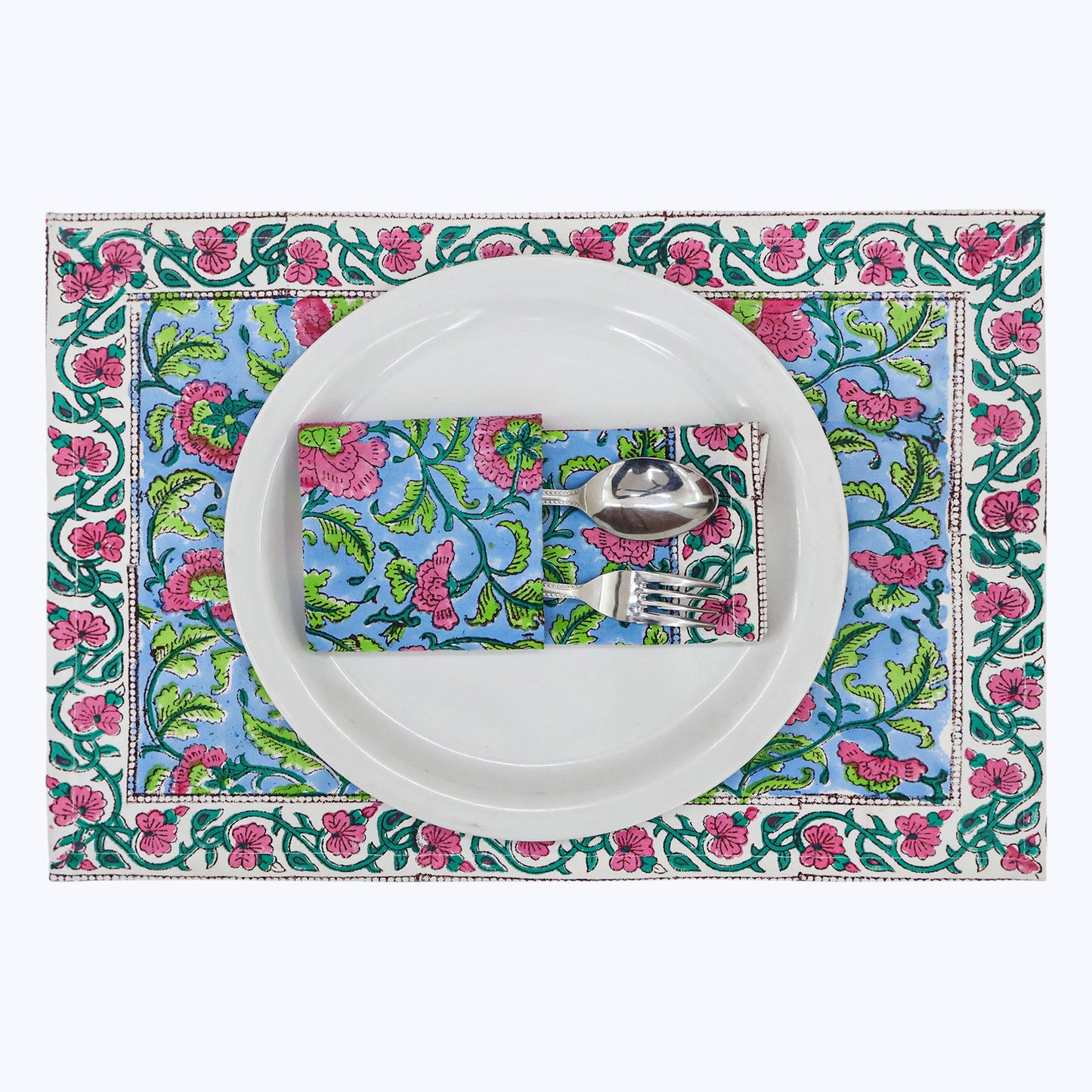 Pink and Green Hand Block Printed Cotton Napkins Set Of 4 - My Store