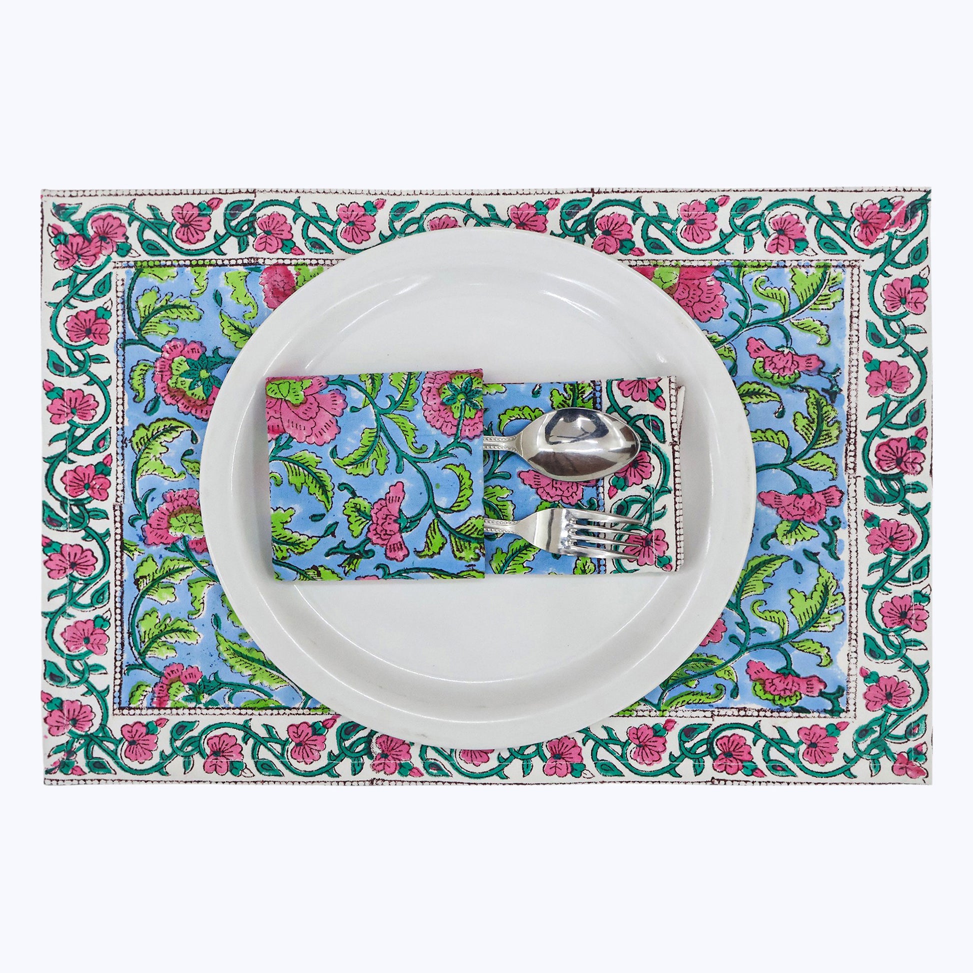 Pink and Green Hand Block Printed Cotton Napkins Set Of 4 - My Store