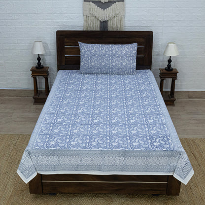 Cotton Bedsheet – Hand Block Floral Print – Blue and White – King, Queen, Twin Sizes - My Store