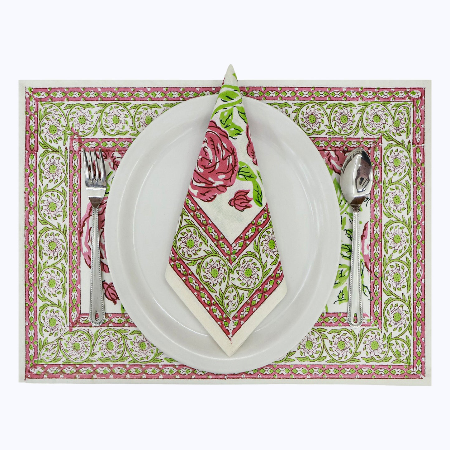 Pink and Green Hand Block Printed 4 Pieces Cotton Napkins - My Store