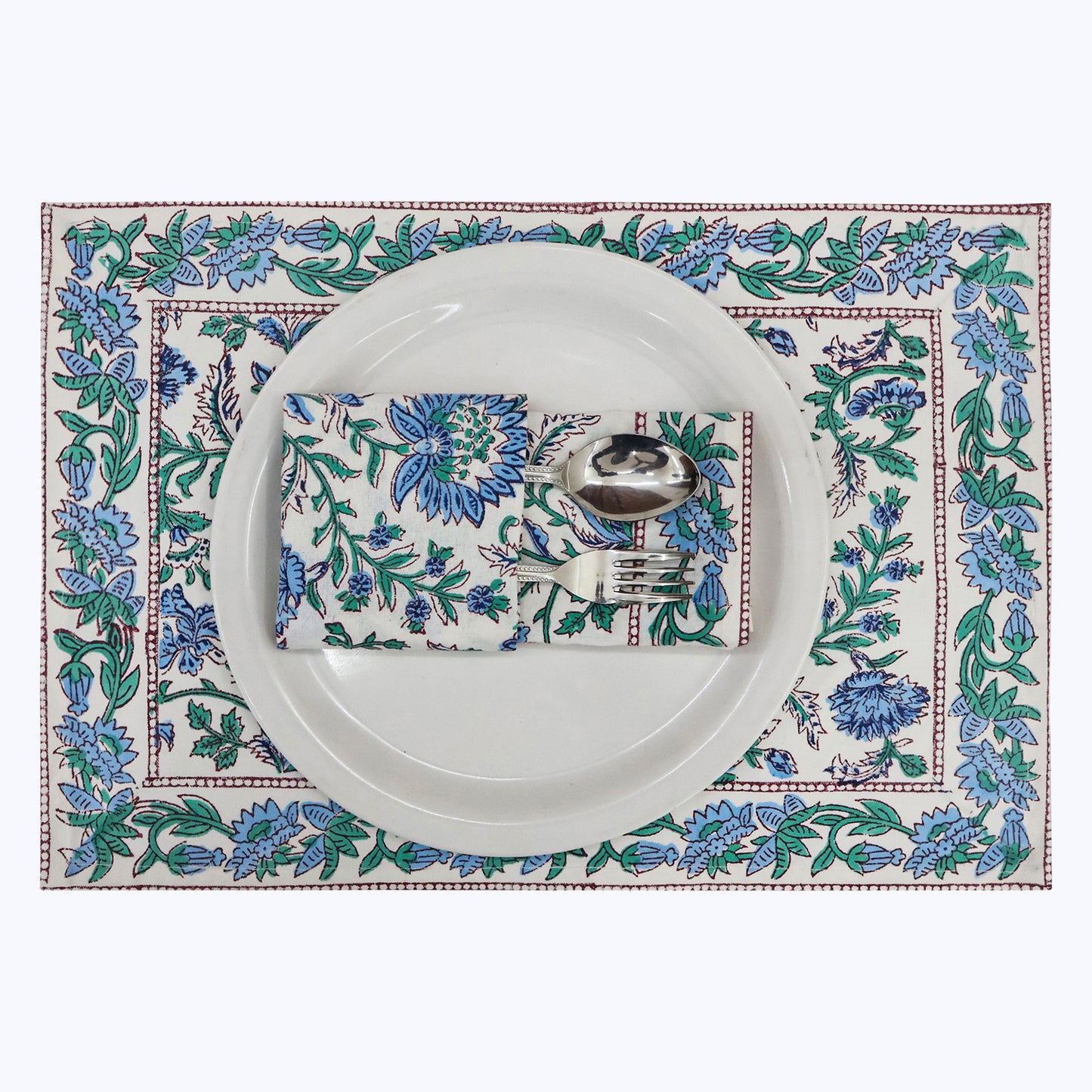 Blue and Green Handmade Block Printed Cotton Napkins Set Of 4 - My Store