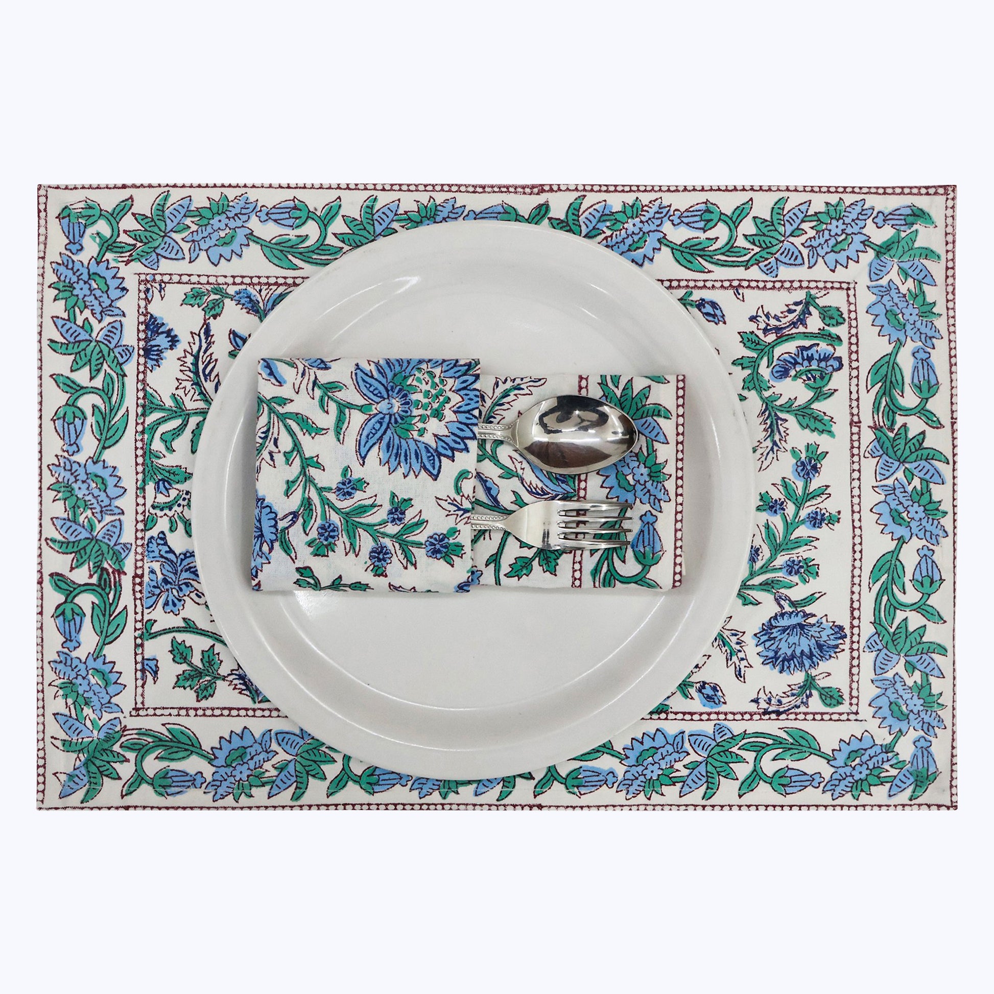 Blue and Green Handmade Block Printed Cotton Napkins Set Of 4 - My Store