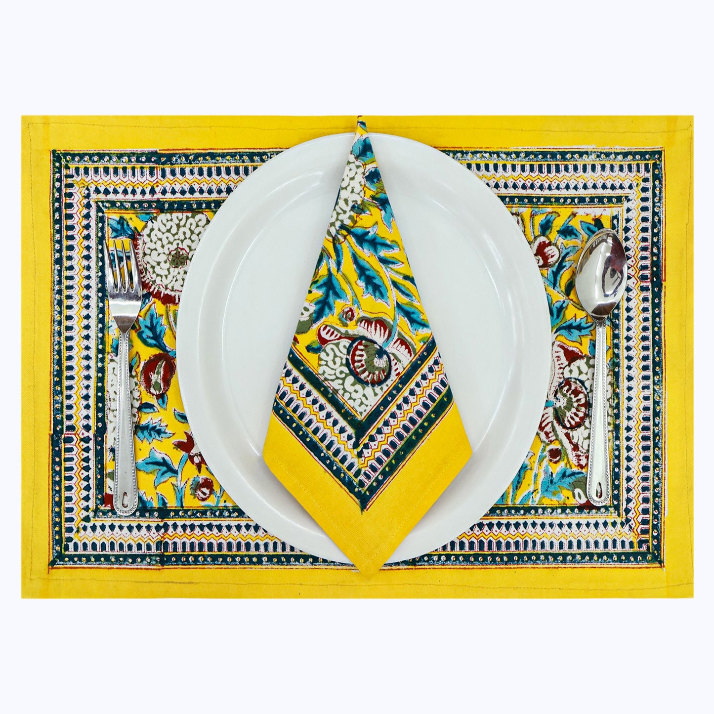Yellow and Blue Handmade Block Printed Cotton Napkins 4 Pieces Set - My Store