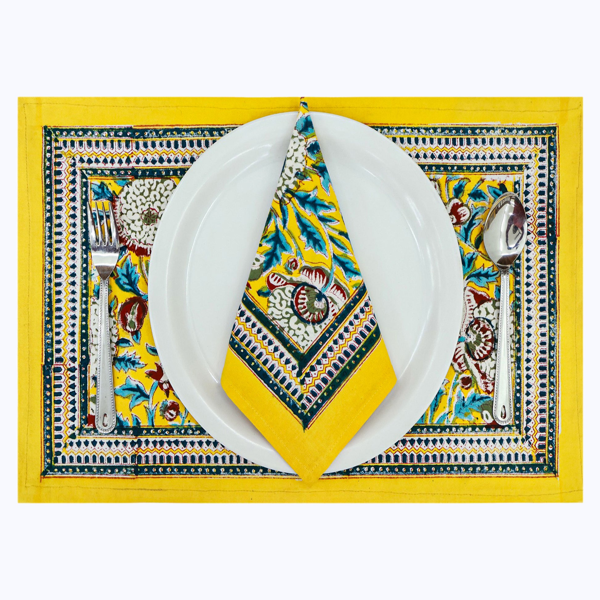 Yellow and Blue Handmade Block Printed Cotton Napkins 4 Pieces Set - My Store