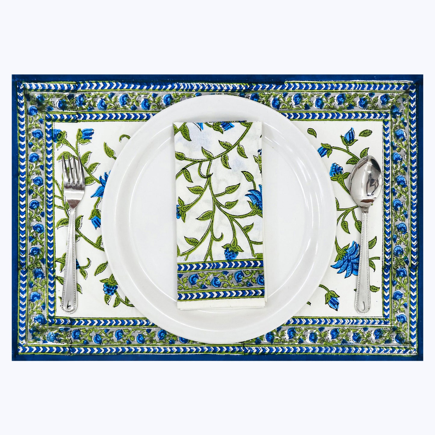 White and Green Hand Block Print Napkins Set Of 4 - My Store