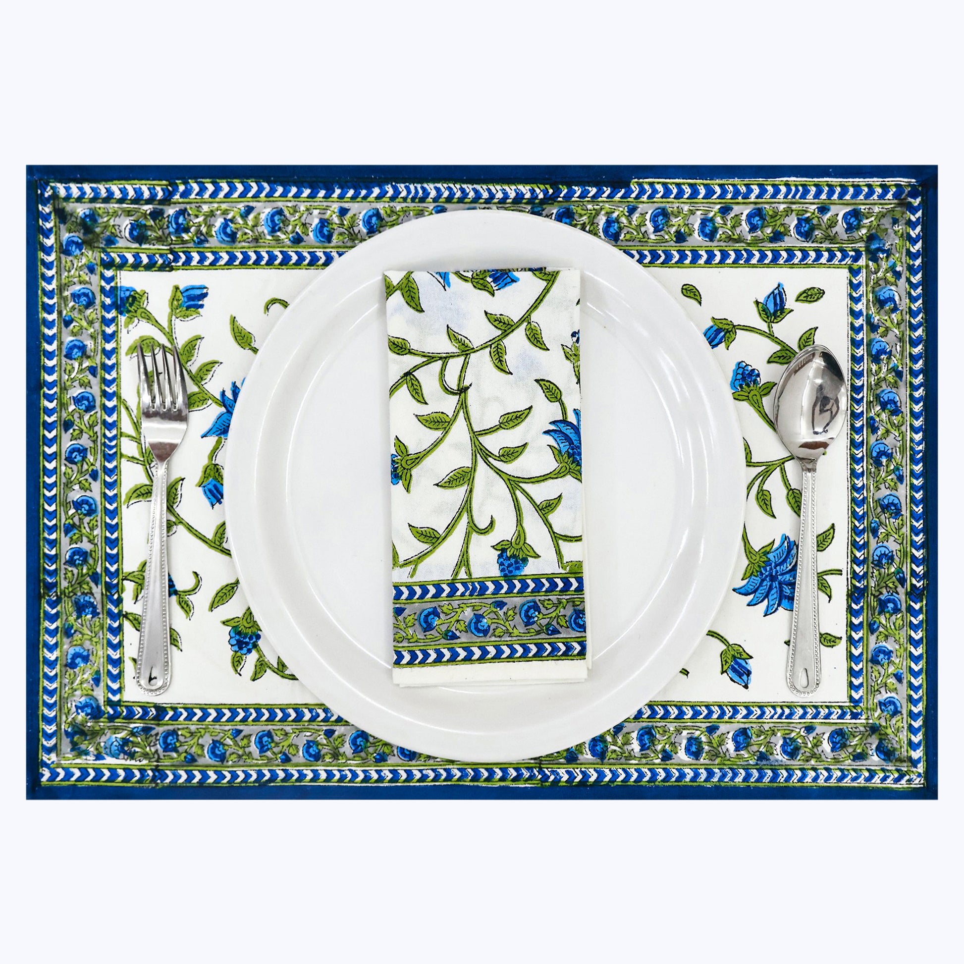 White and Green Hand Block Print Napkins Set Of 4 - My Store