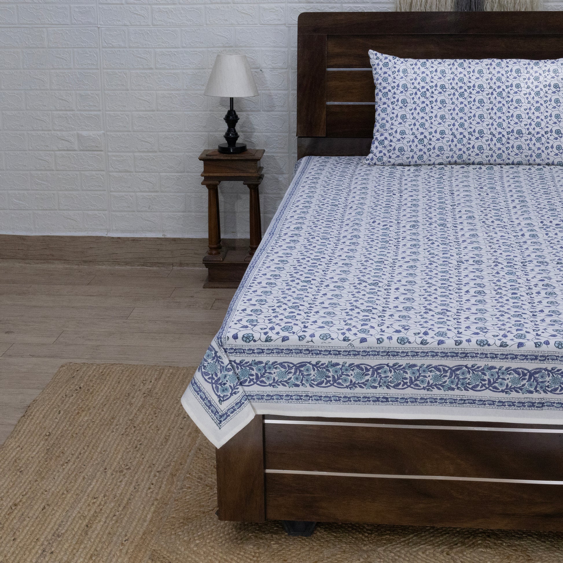 Cotton Bedsheet – Hand Block Floral Print – Blue & White – King, Queen, Twin Sizes - My Store