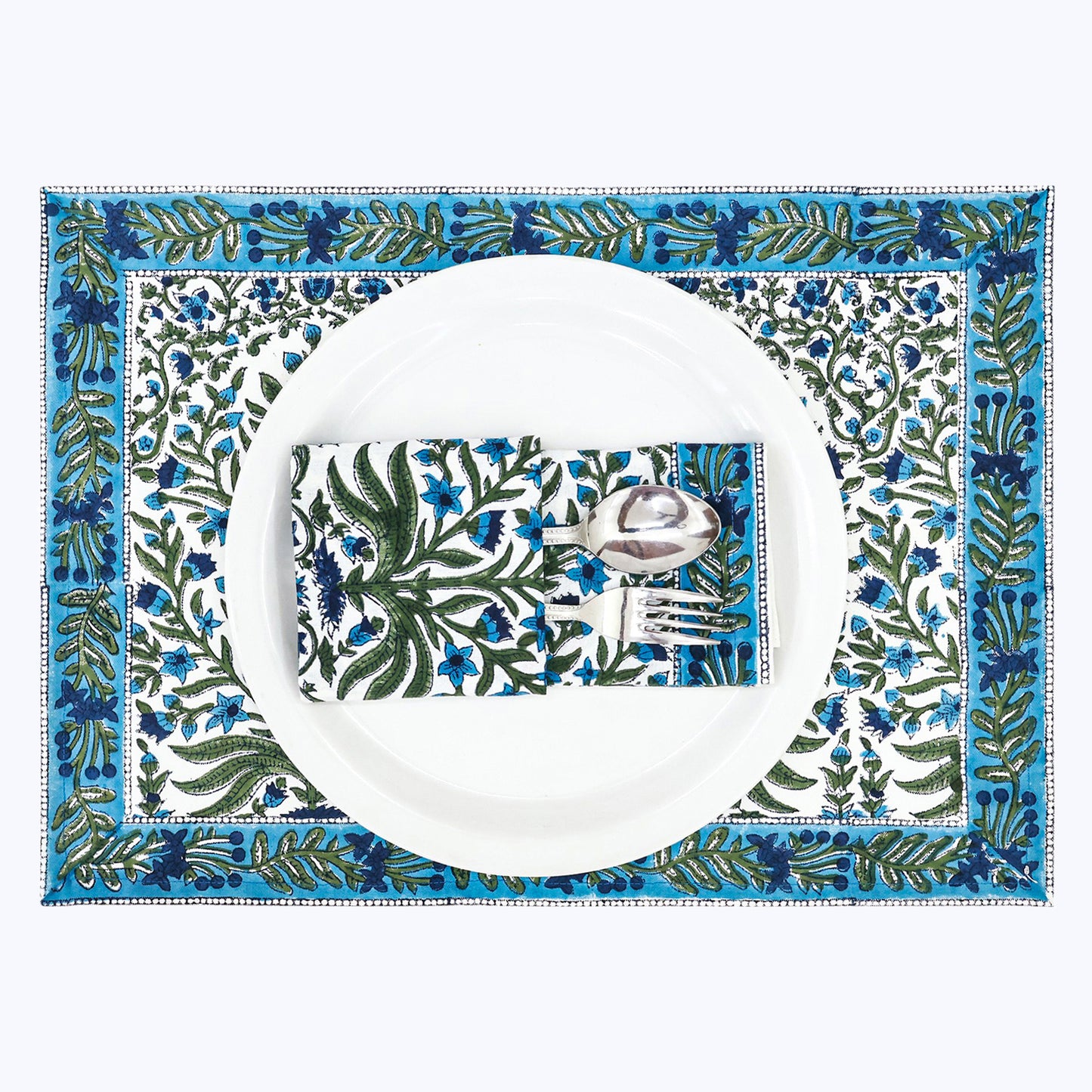 Blue and Green Hand Block Printed 4 Pieces Cotton Napkins - My Store