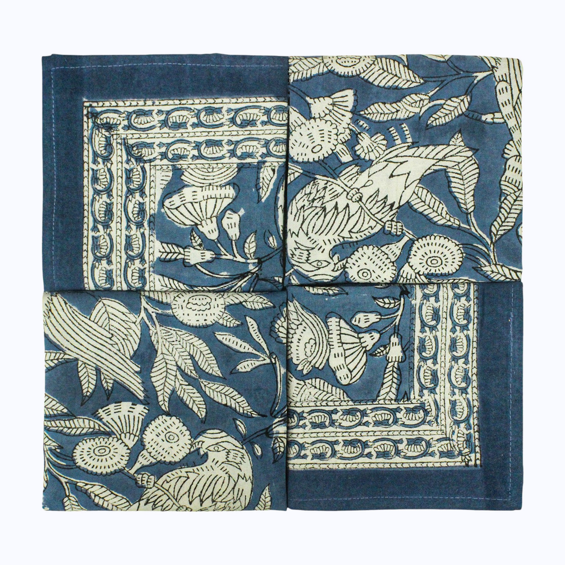 Floral Blue and White Block Printed Set Of 4 Napkins - My Store