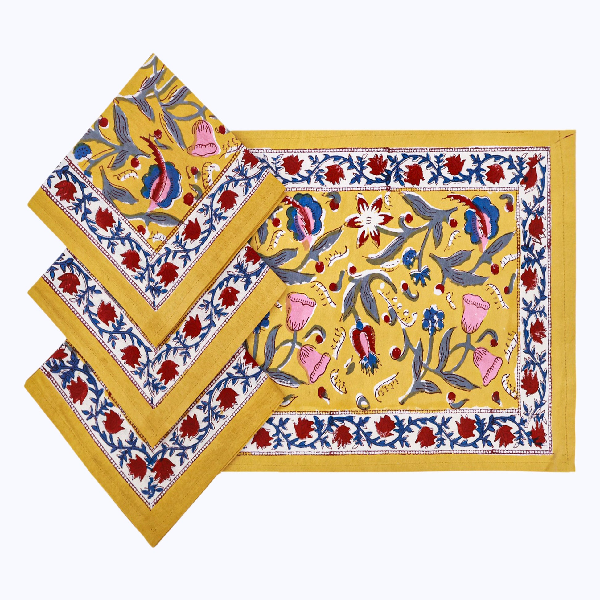 Yellow and Red Handmade Block Printed Napkins Set Of 4 - My Store