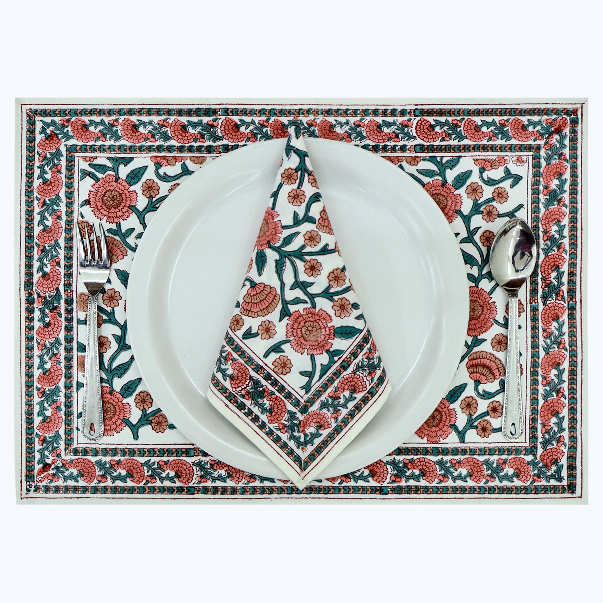 Pink and Green Handmade Block Printed Cotton Napkins Set Of 4 - My Store