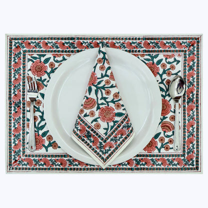 Pink and Green Handmade Block Printed Cotton Napkins Set Of 4 - My Store