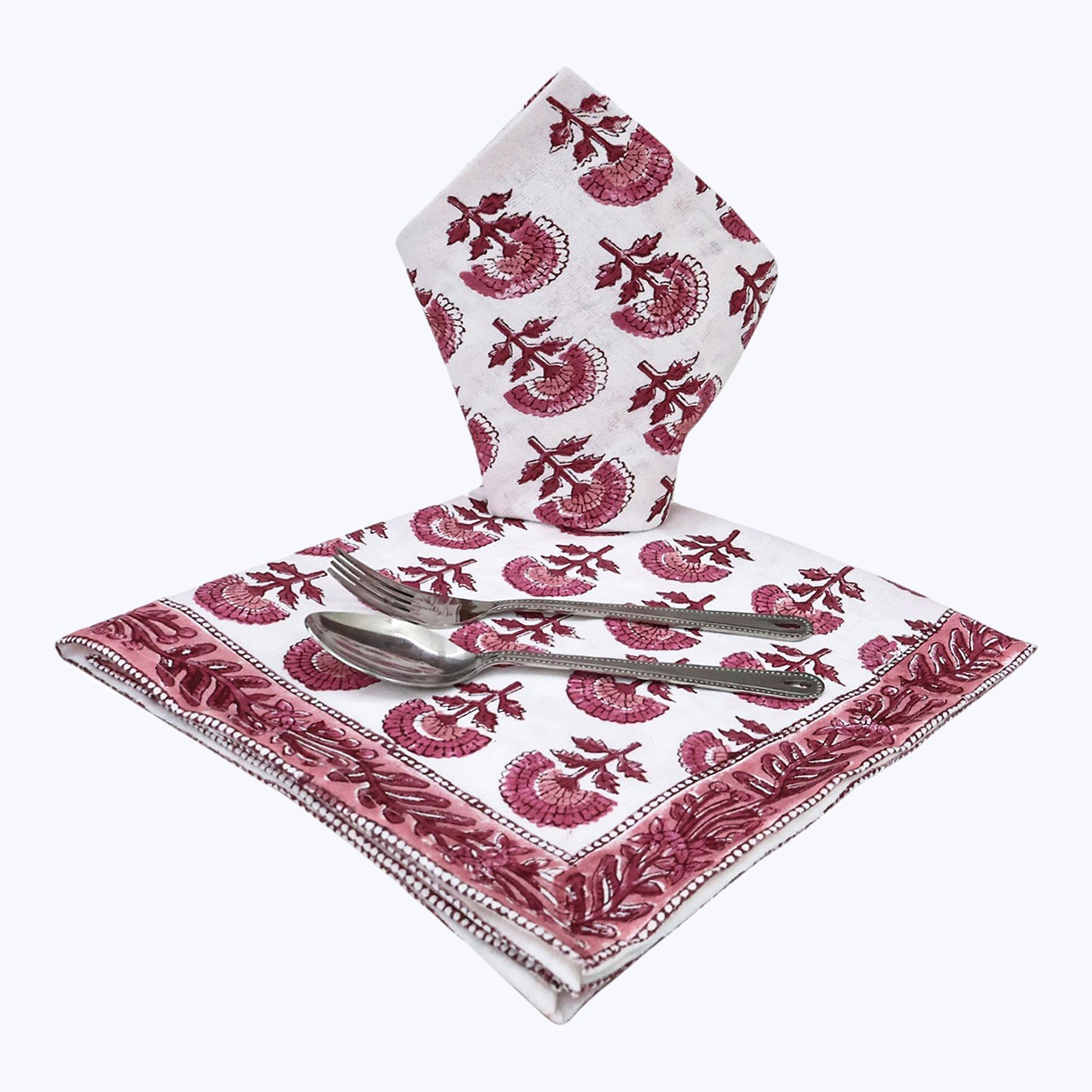 Pink and White Hand Block Printed Cotton Napkins Set Of 4 - My Store