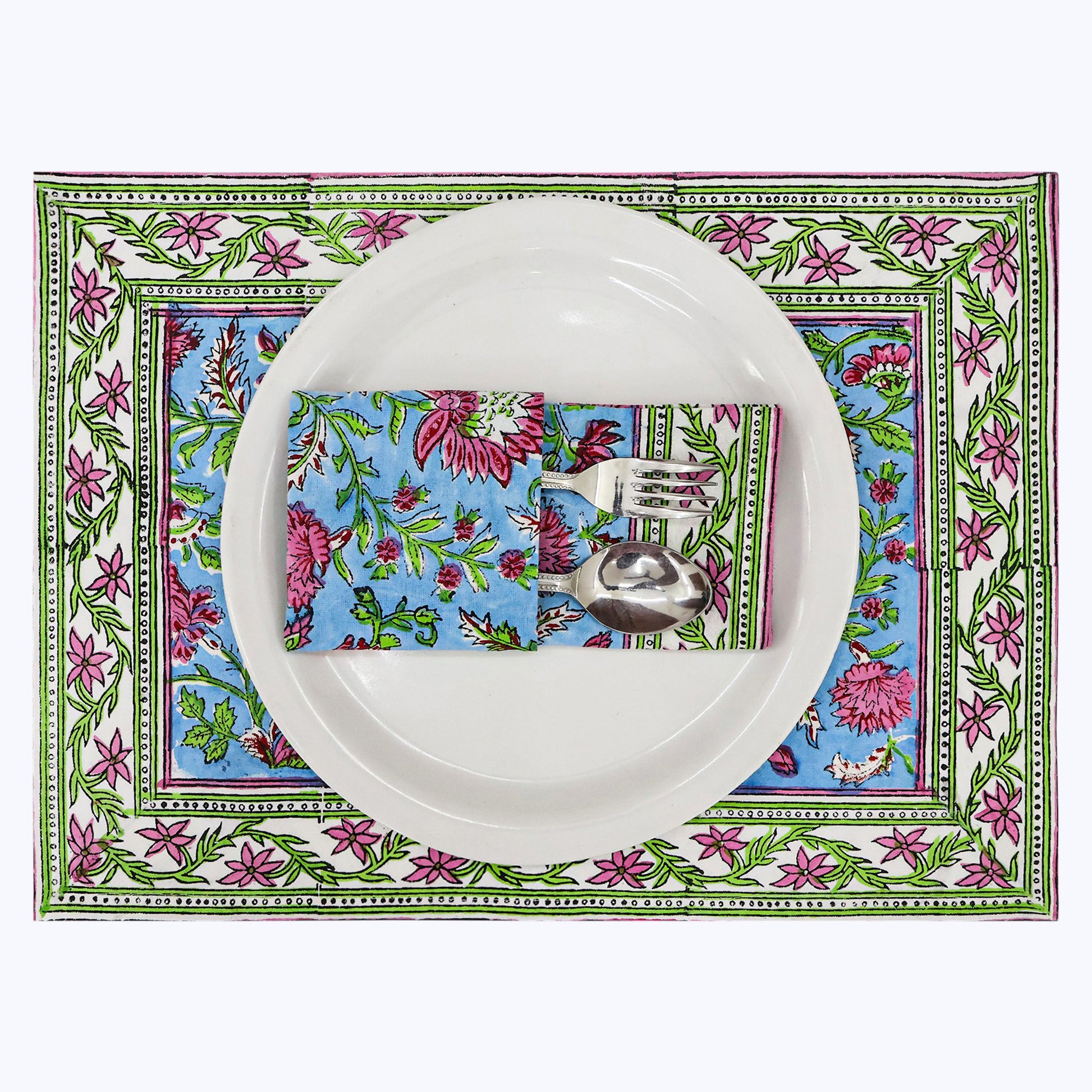 Blue and Pink Hand Block Printed Cotton Napkins Set Of 4 - My Store