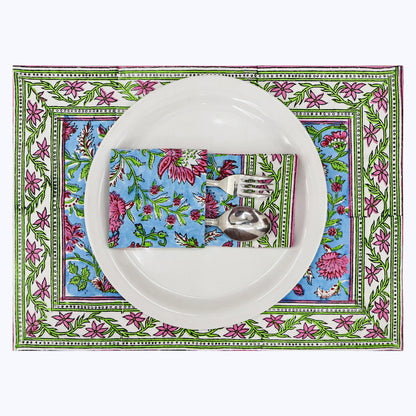 Blue and Pink Hand Block Printed Cotton Napkins Set Of 4 - My Store