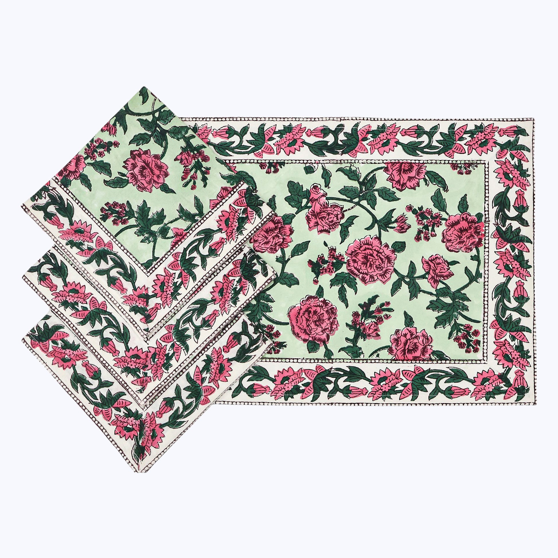 Pink and Green Hand Block Printed Cotton Napkins Set OF 4 - My Store