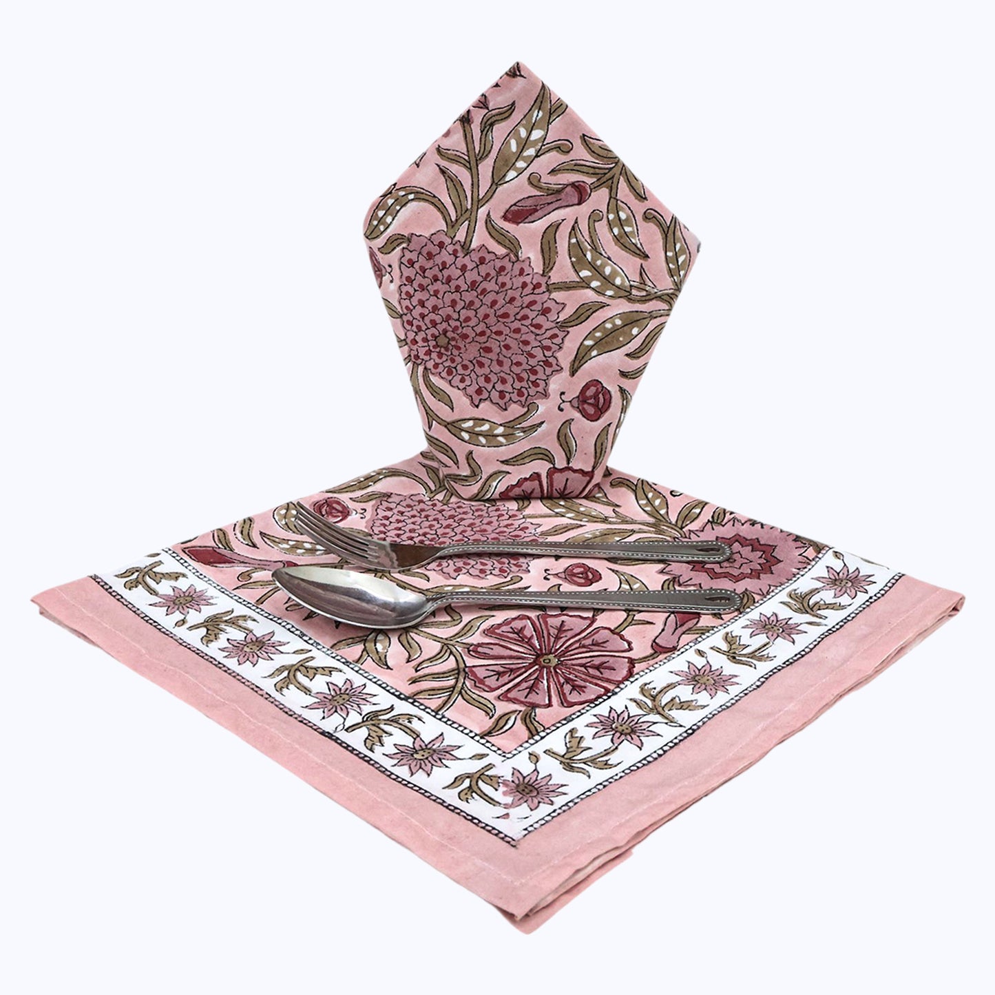 Pink Handmade Block Printed Cotton Napkins Set Of 4 Pieces - My Store