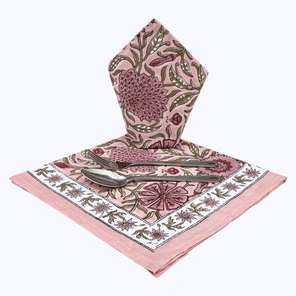 Pink Handmade Block Printed Cotton Napkins Set Of 4 Pieces - My Store