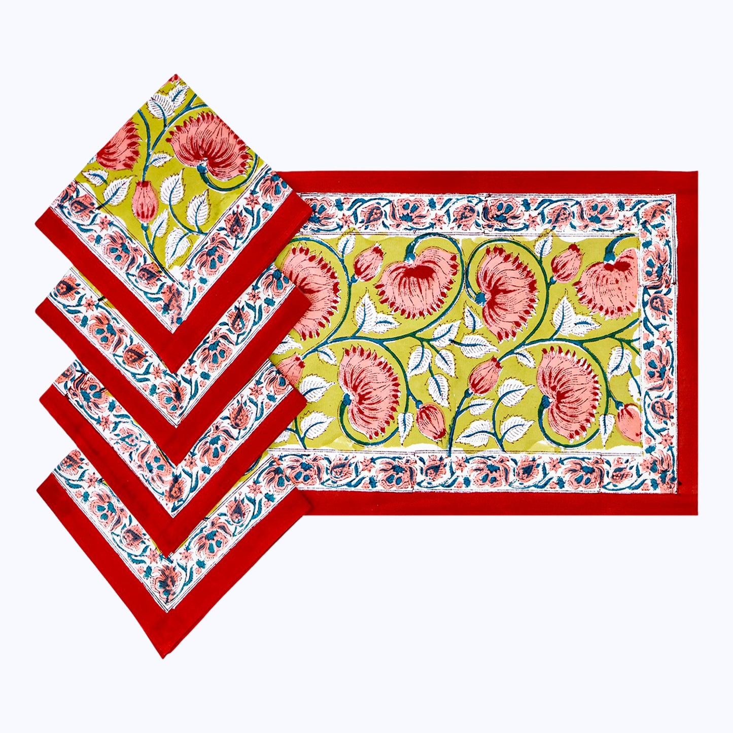 Red and Yellow Hand Block Printed Cotton Napkins 4 Pieces - My Store