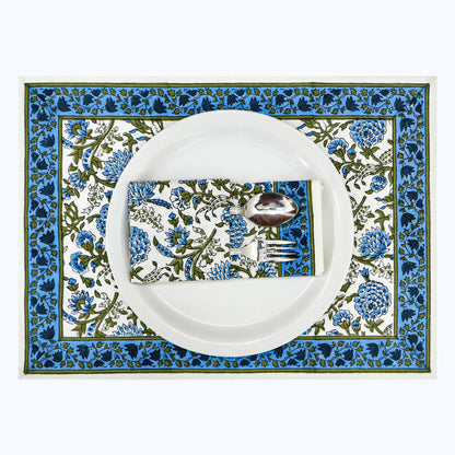 Blue and White Handmade Cotton Block Printed Napkins Set of 4 - My Store