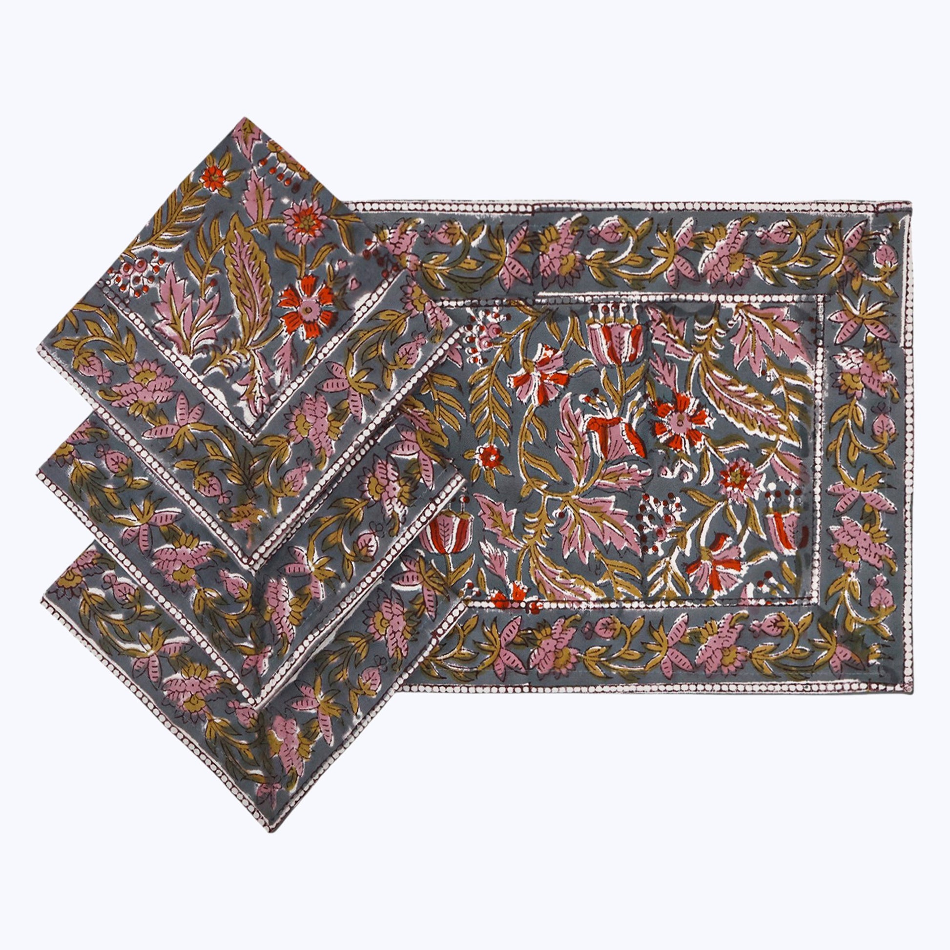 Brown and Red Handmade Block Printed Cotton Napkins Set Of 4 - My Store