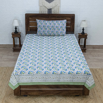 Cotton Bedsheet – Hand Block Floral Print – White & Green – King, Queen, Twin Sizes - My Store