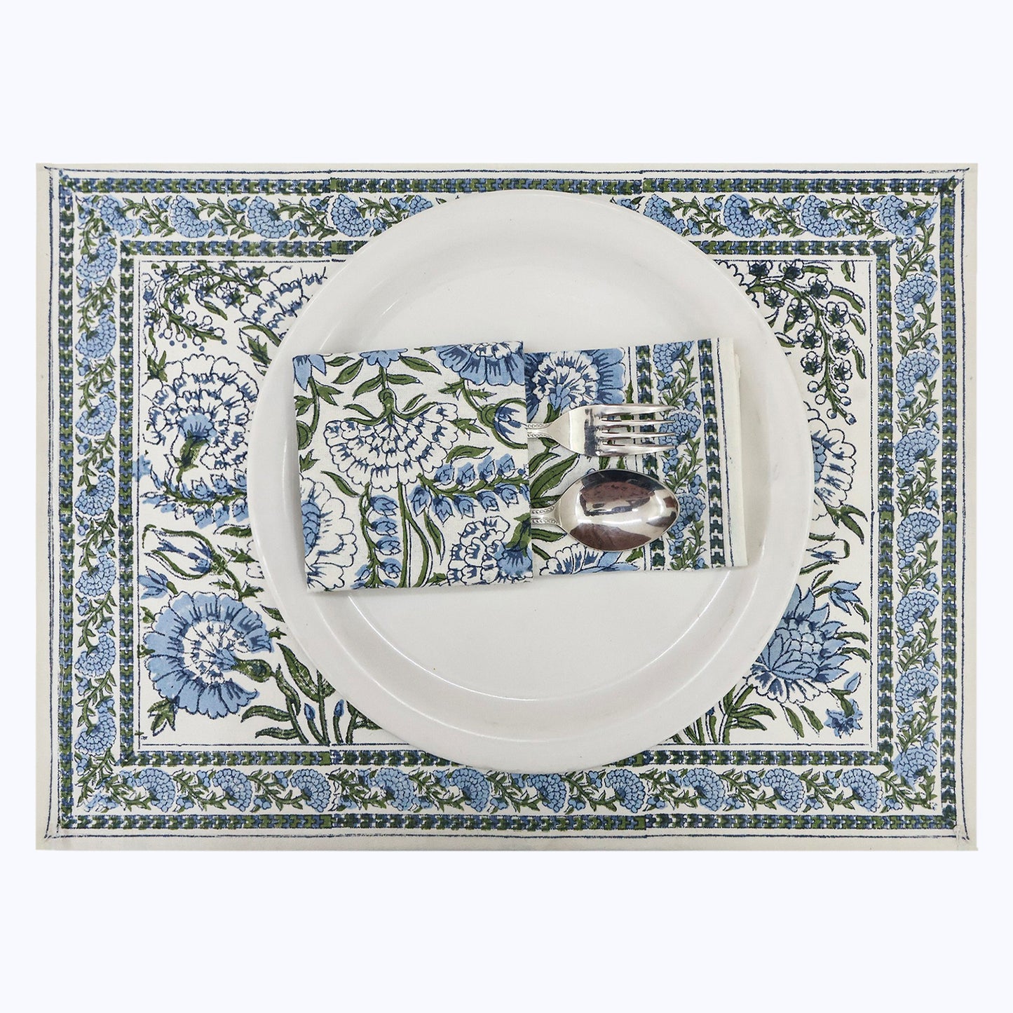 Blue and White Hand Block Printed Floral Set Of 4 Napkins - My Store