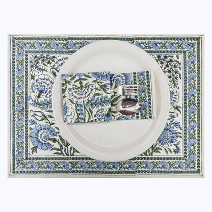 Blue and White Hand Block Printed Floral Set Of 4 Napkins - My Store