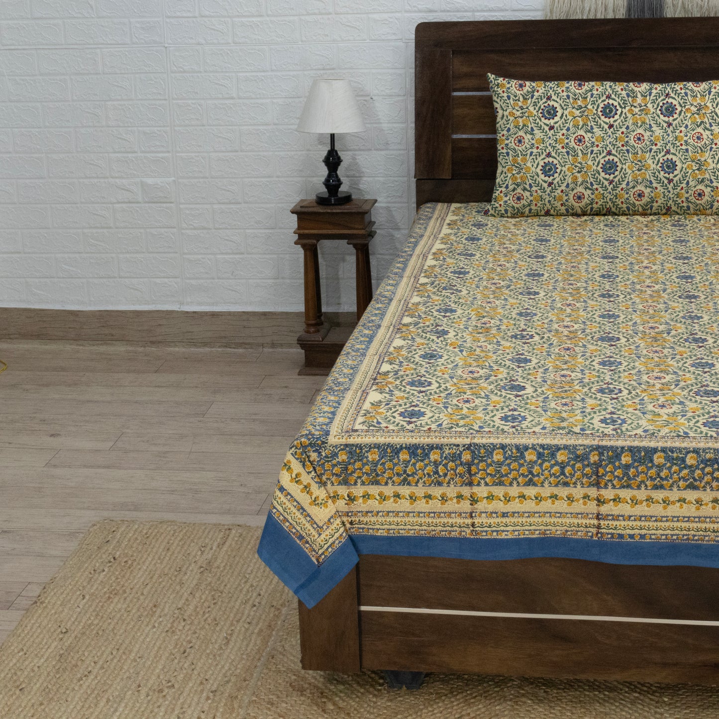 Cotton Bedsheet – Hand Block Floral Print – Yellow & Blue – King, Queen, Twin Sizes - My Store