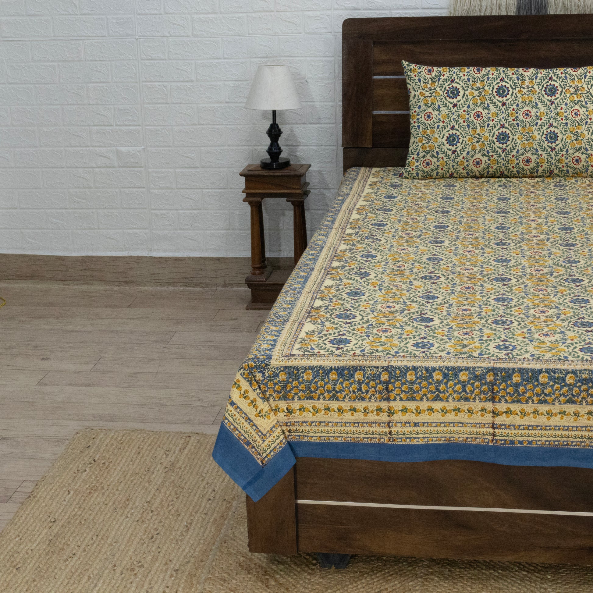 Cotton Bedsheet – Hand Block Floral Print – Yellow & Blue – King, Queen, Twin Sizes - My Store