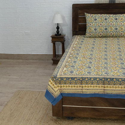 Cotton Bedsheet – Hand Block Floral Print – Yellow & Blue – King, Queen, Twin Sizes - My Store